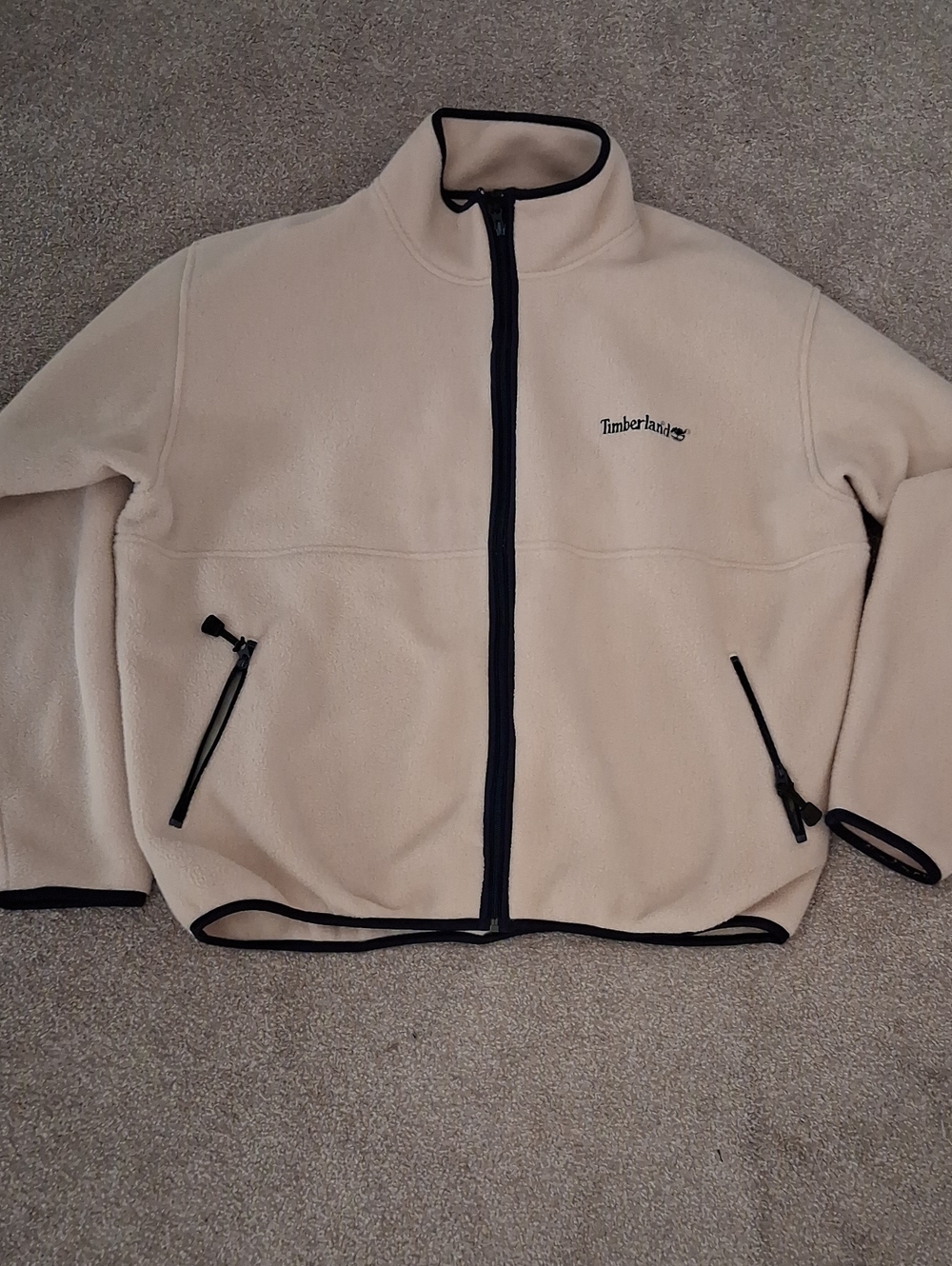 Men's Timberland Vintage Fleece Jacket Zip In Cream. Black Trim. Fall 1997(XL)